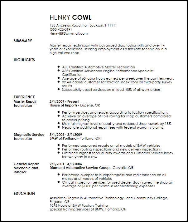 Professional Mechanic Resume Example Guide Professional Mechanic Resume Example Guide