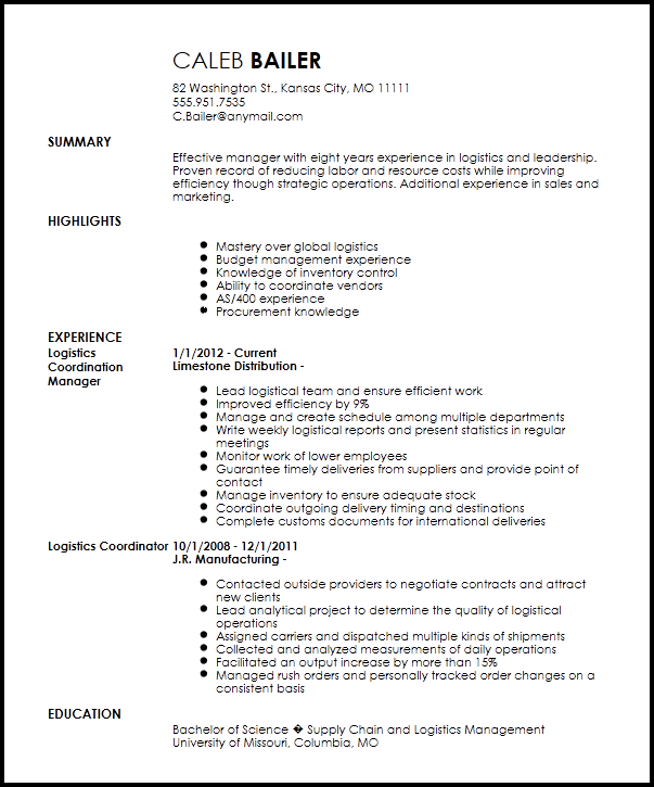 Logistics Coordinator Resume: Examples, Templates & Tips Logistics Coordinator Resume: Examples, Templates & Tips