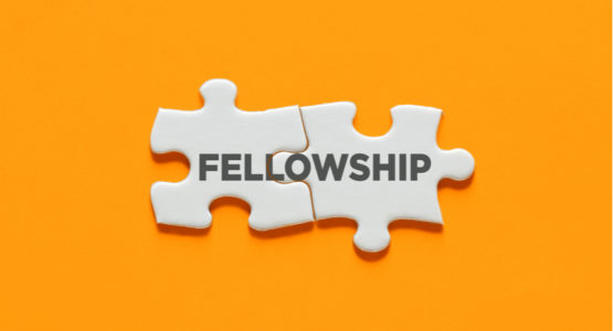 The word fellowship on two jigsaw puzzle pieces