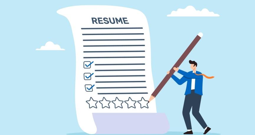 illustration of a giant resume next to a small person holding a giant pen or pencil