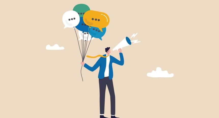 illustration of person holding speech bubble balloons and speaking from a megaphone