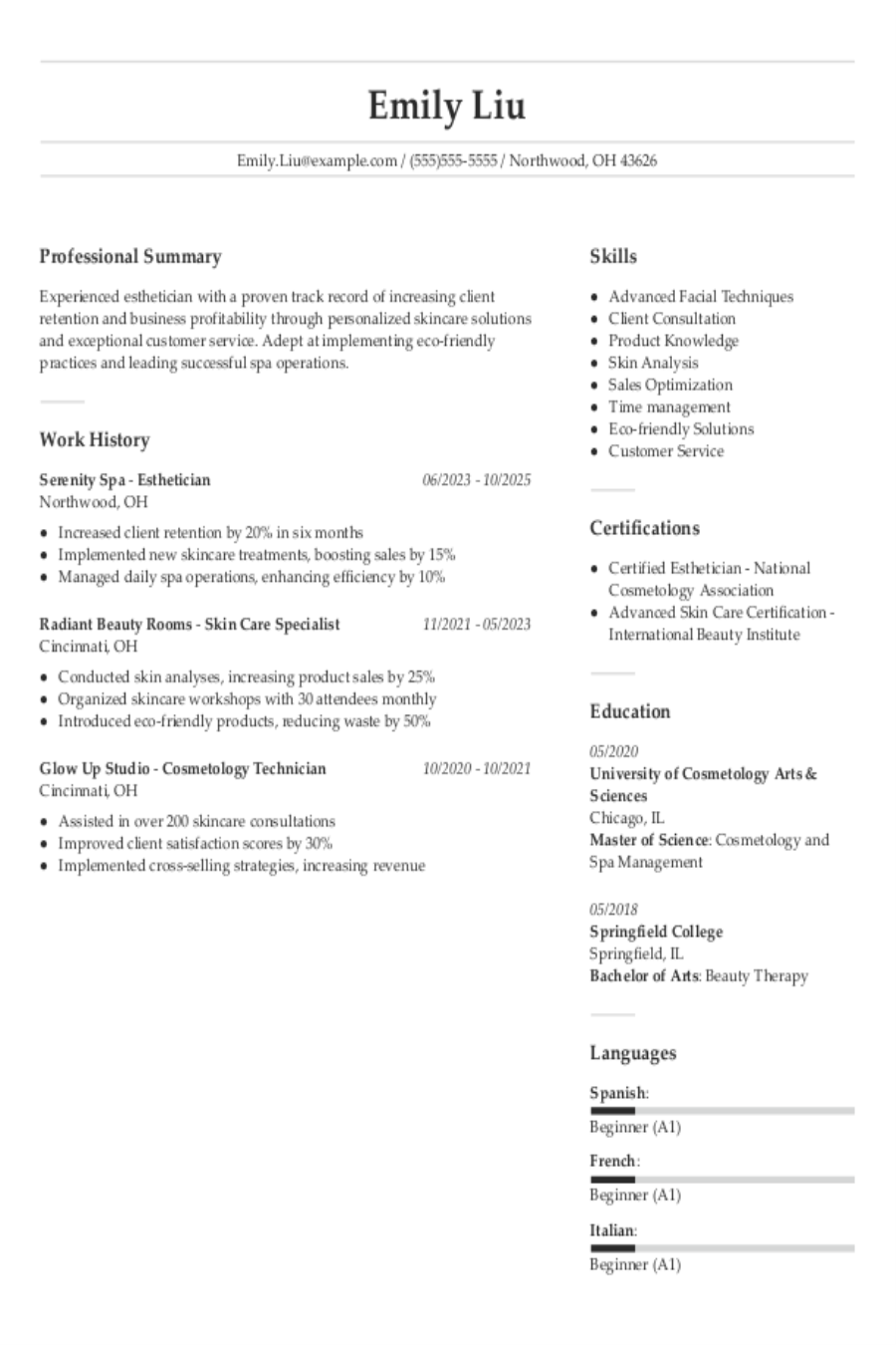 Esthetician Resume: Examples, Templates & Tips for 2025 Esthetician Resume: Examples, Templates & Tips for 2025