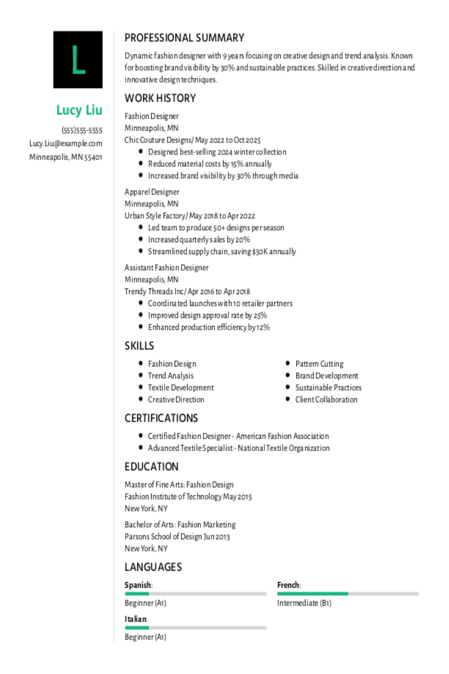 Fashion Designer Resume: Examples, Templates and Tips for 2025 Fashion Designer Resume: Examples, Templates and Tips for 2025