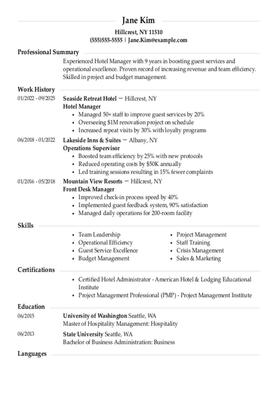 Hotel Manager Resume: Examples, Templates and Tips for 2025 Hotel Manager Resume: Examples, Templates and Tips for 2025