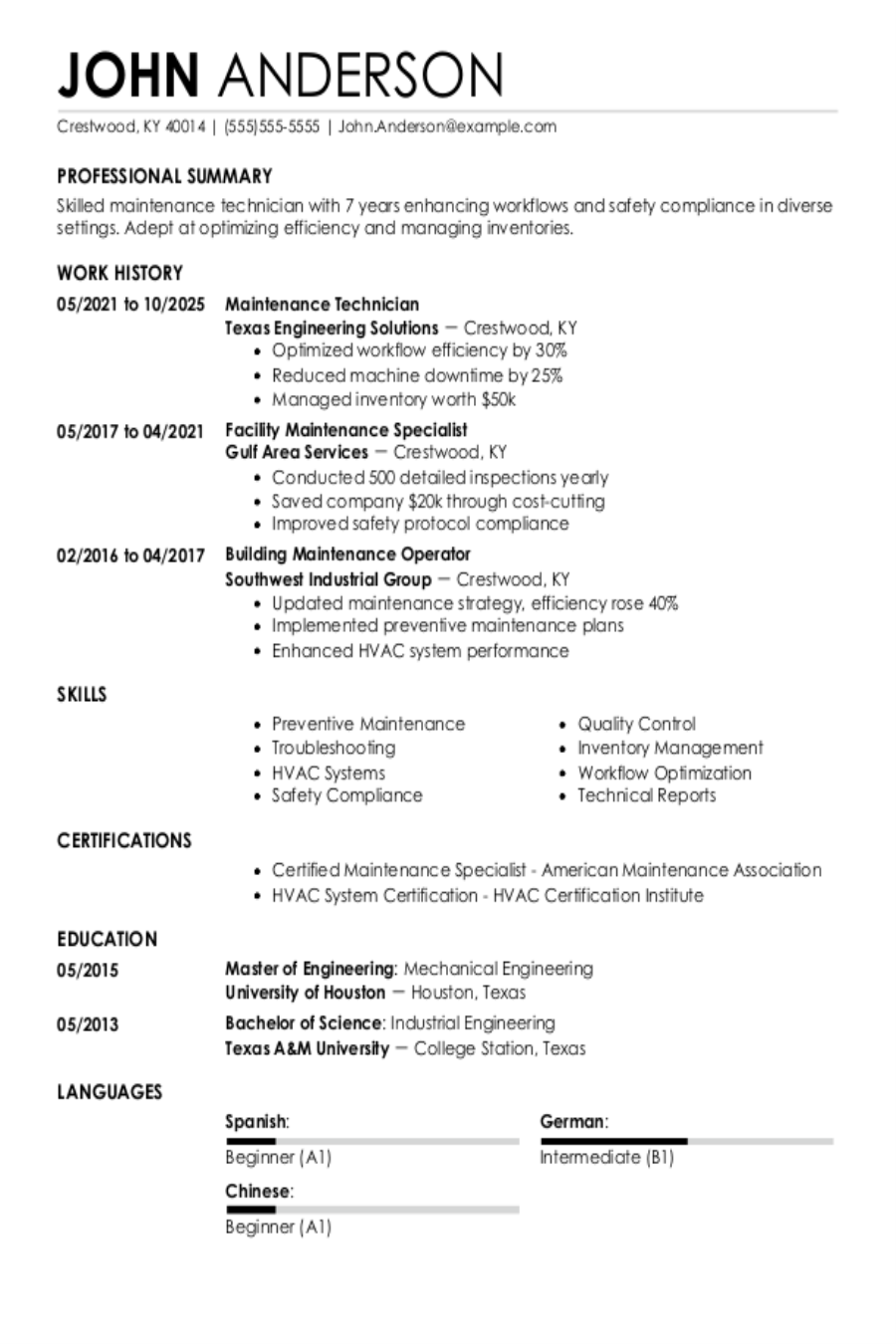 Maintenance Technician Resume: Examples, Templates and Tips for 2025 Maintenance Technician Resume: Examples, Templates and Tips for 2025