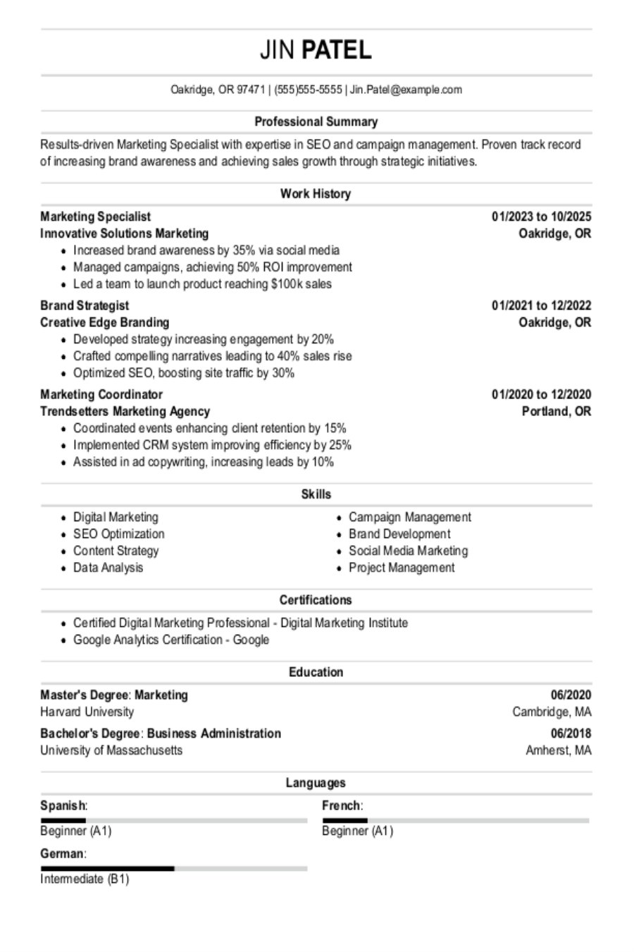 Marketing Specialist Resume Example Marketing Specialist Resume Example