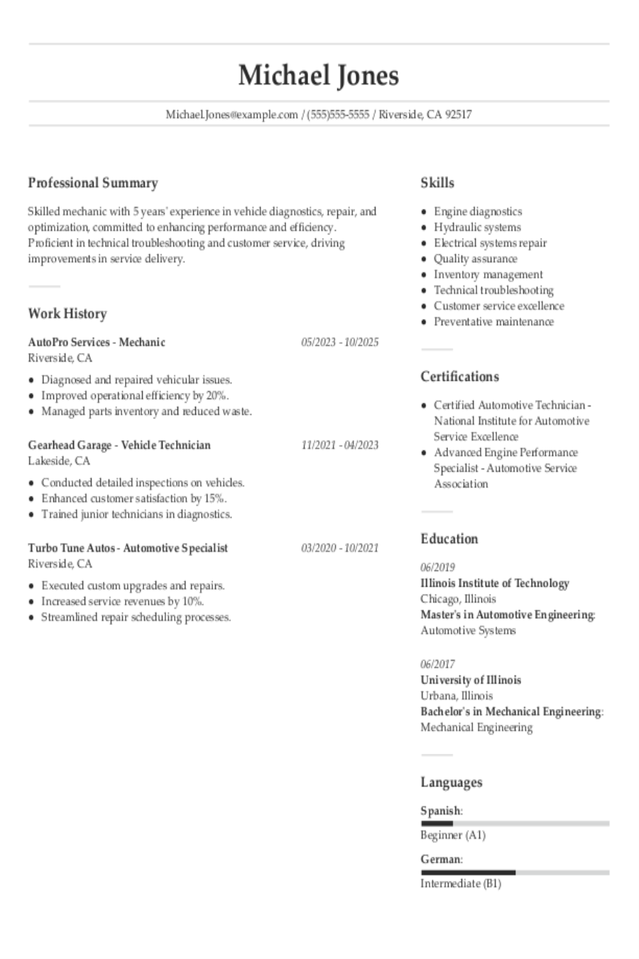 Professional Mechanic Resume Example Guide Professional Mechanic Resume Example Guide