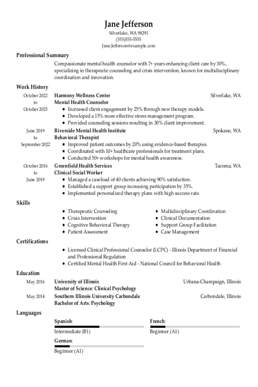 Mental Health Counselor Resume: Examples and Templates for 2025 Mental Health Counselor Resume: Examples and Templates for 2025