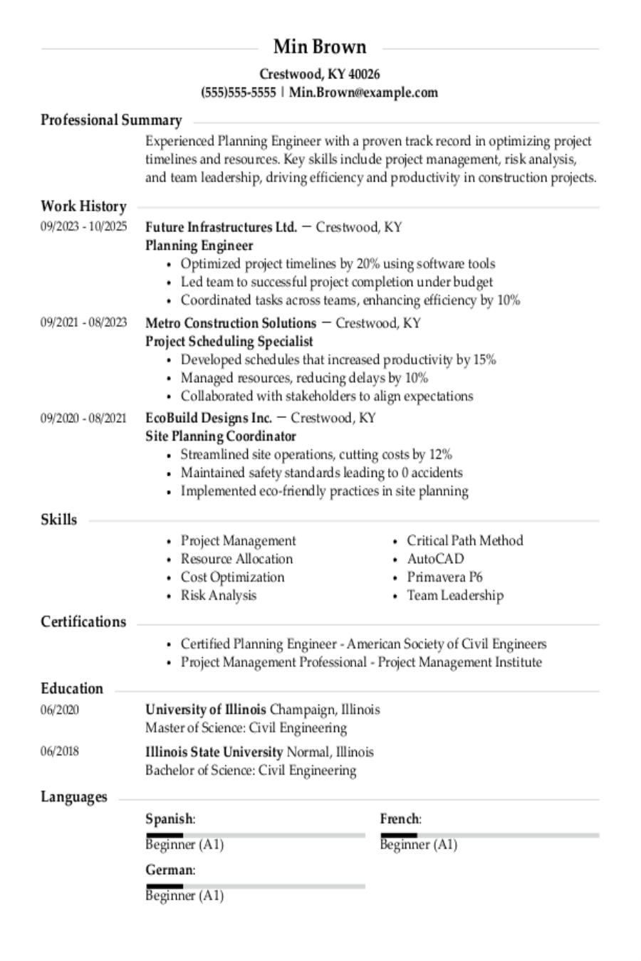 Planning Engineer Resume Example Planning Engineer Resume Example