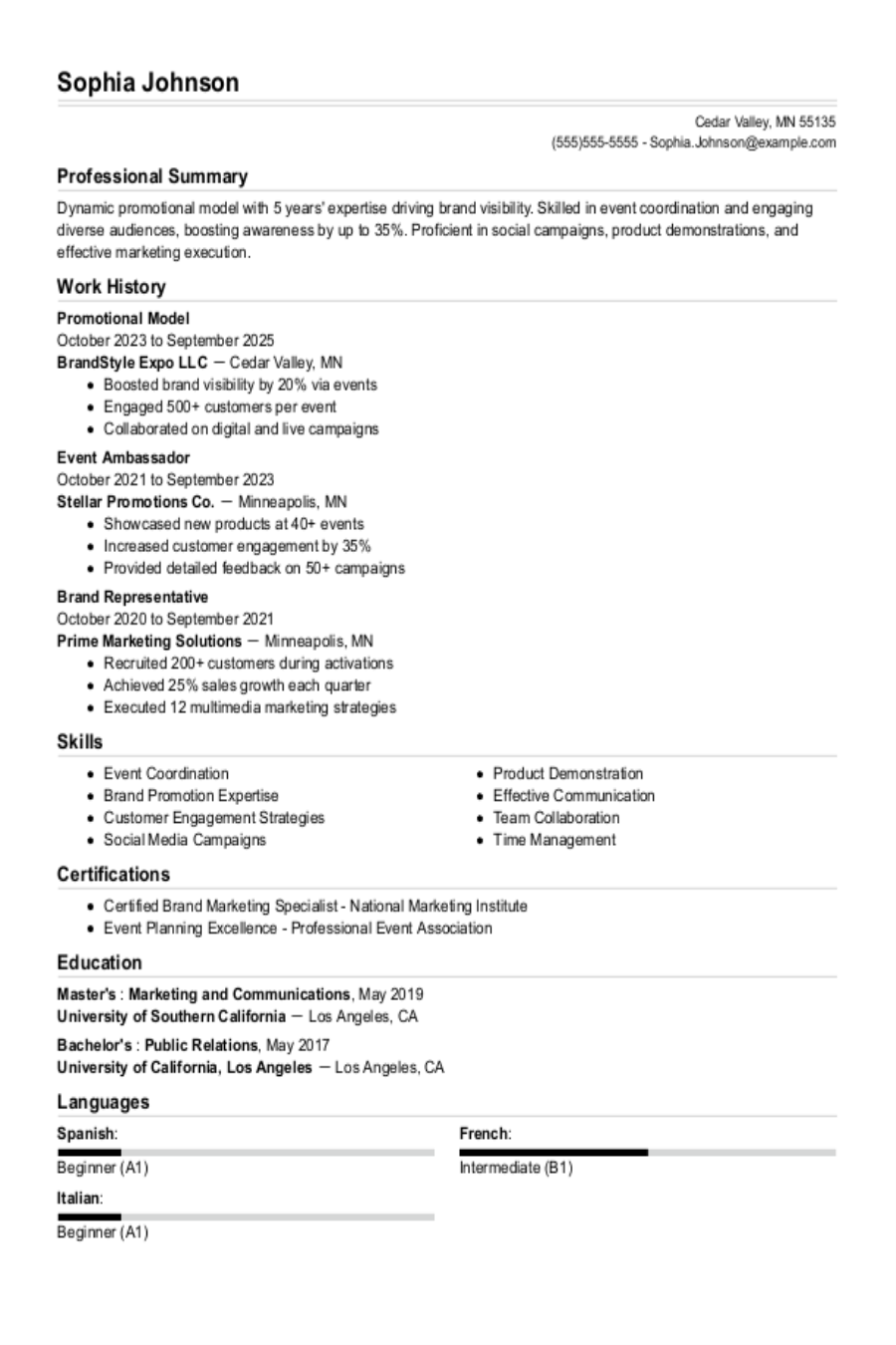 Promotional Model Resume Example Promotional Model Resume Example