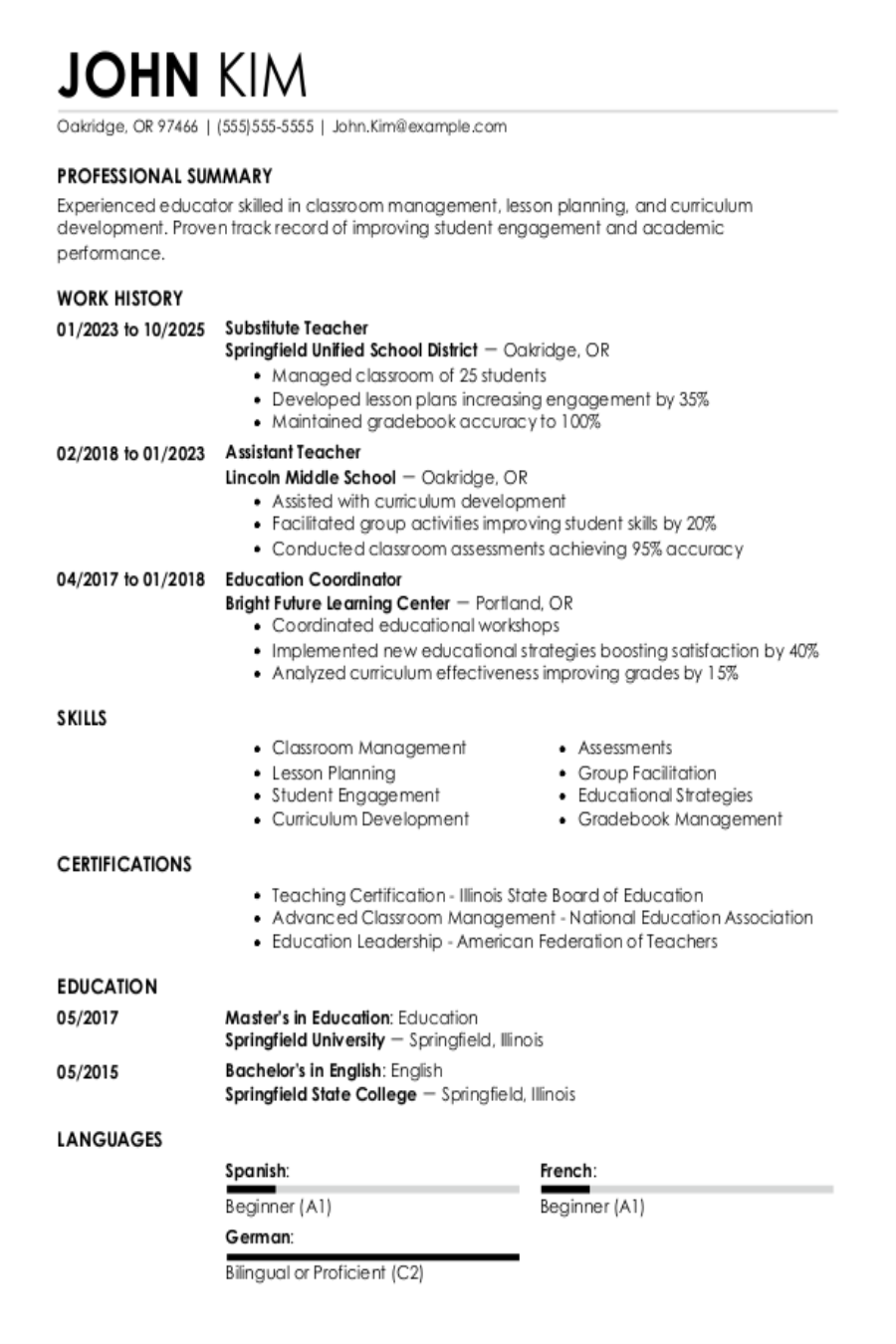 Substitute Teacher Resume: Examples, Templates and Tips Substitute Teacher Resume: Examples, Templates and Tips