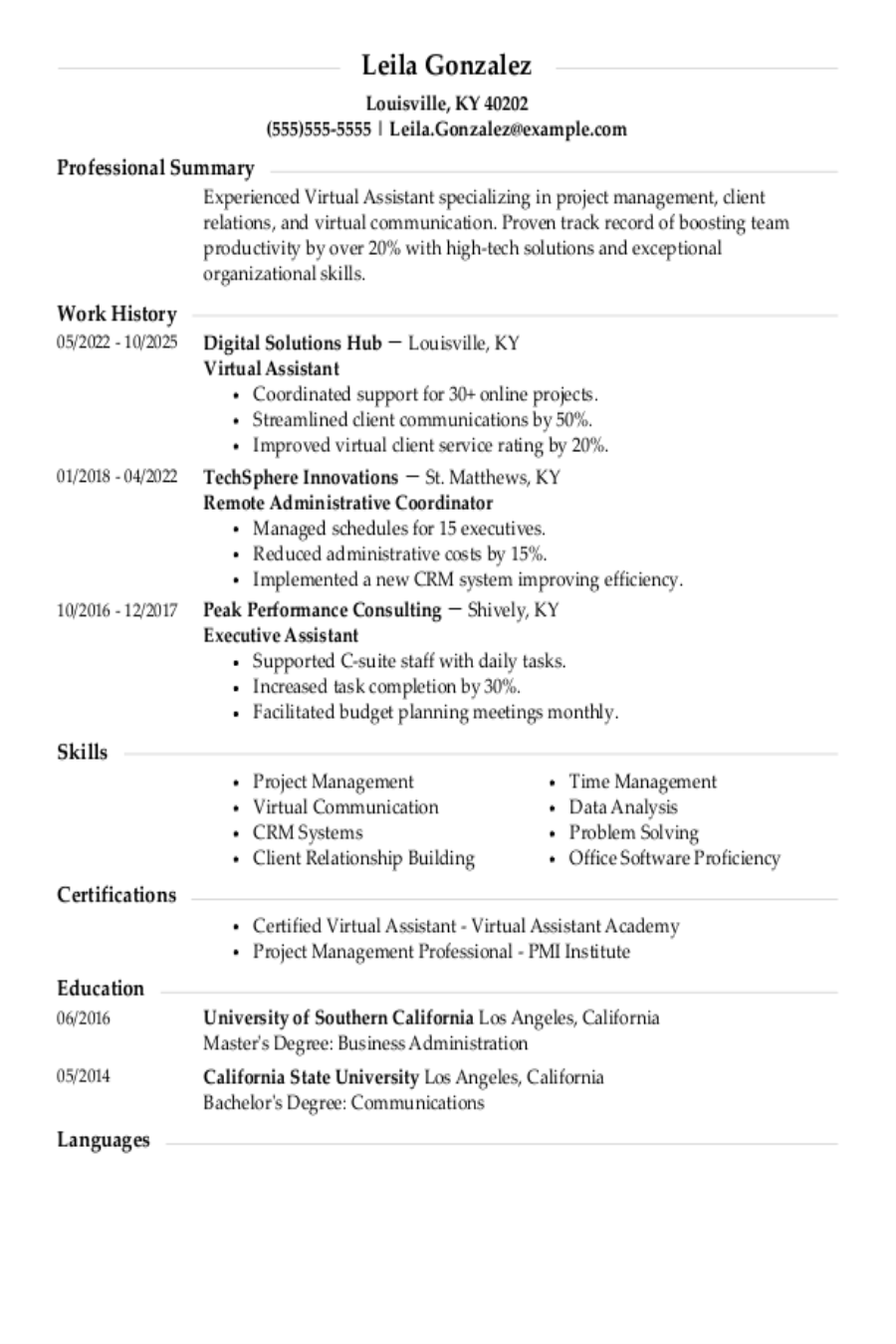 Virtual Assistant Resume: Examples, Templates and Tips Virtual Assistant Resume: Examples, Templates and Tips