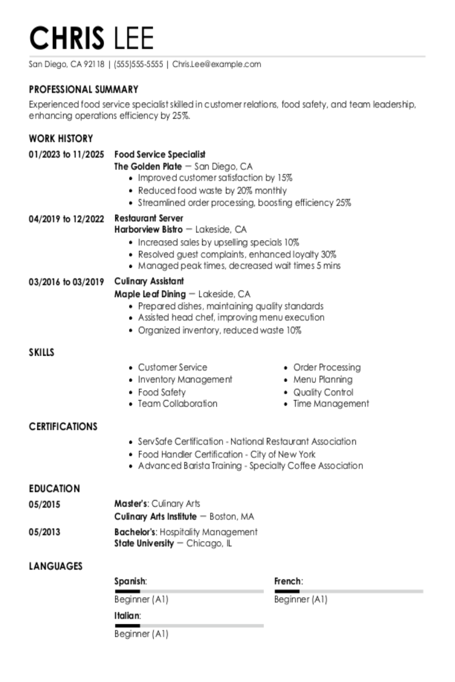 Food Service Resume: Examples, Skills & Template Food Service Resume: Examples, Skills & Template