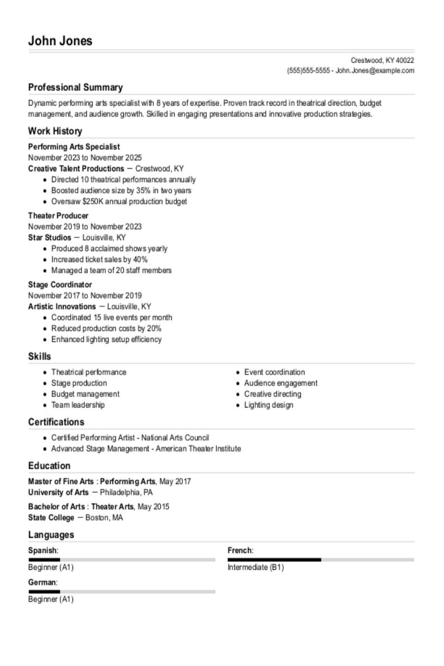 Performing Arts Resume: Examples, Templates and Tips Performing Arts Resume: Examples, Templates and Tips