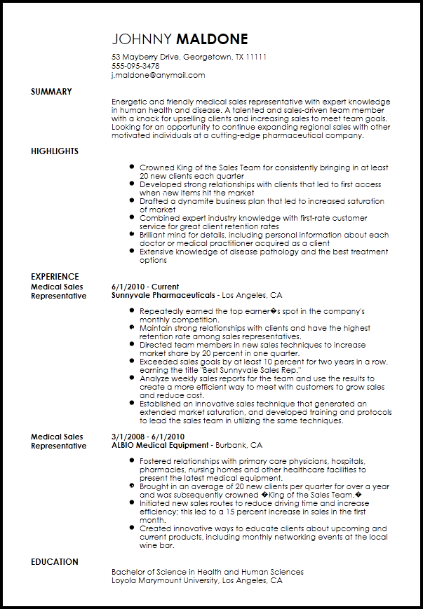 Medical Sales Representative Resume Template Skills 