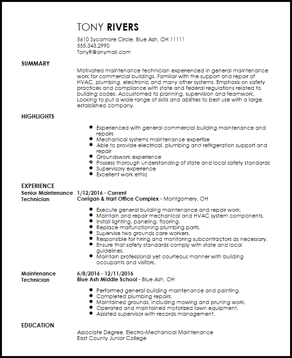 Traditional Maintenance Technician Resume Example Guide