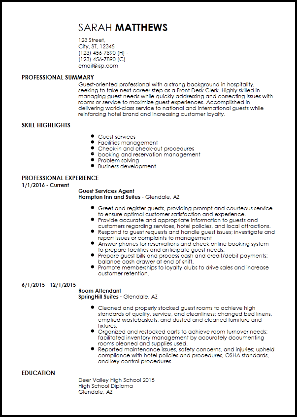 Free Entry Level Hotel Hospitality Resume Examples