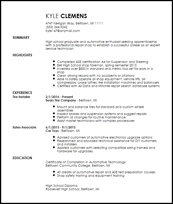 Free Entry Level Mechanic Resume Example Resume Now