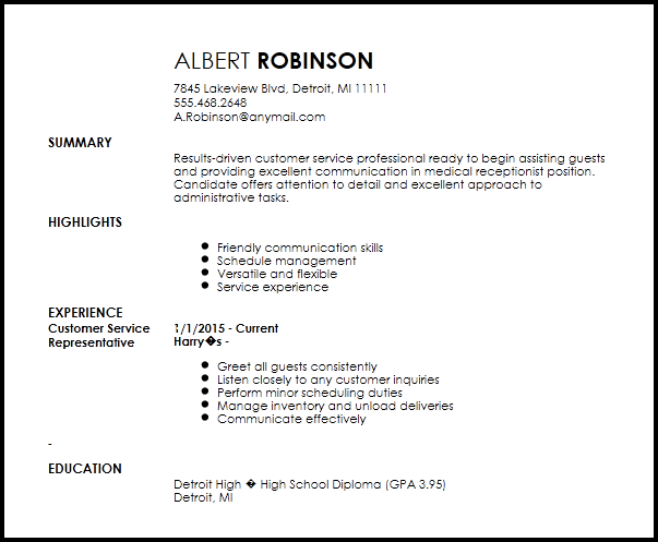 Free Medical Receptionist Entry Level Resume Example