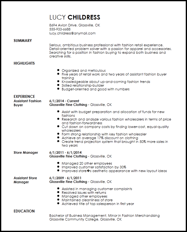 Fashion Assistant Buyer Resume Example Resume Now